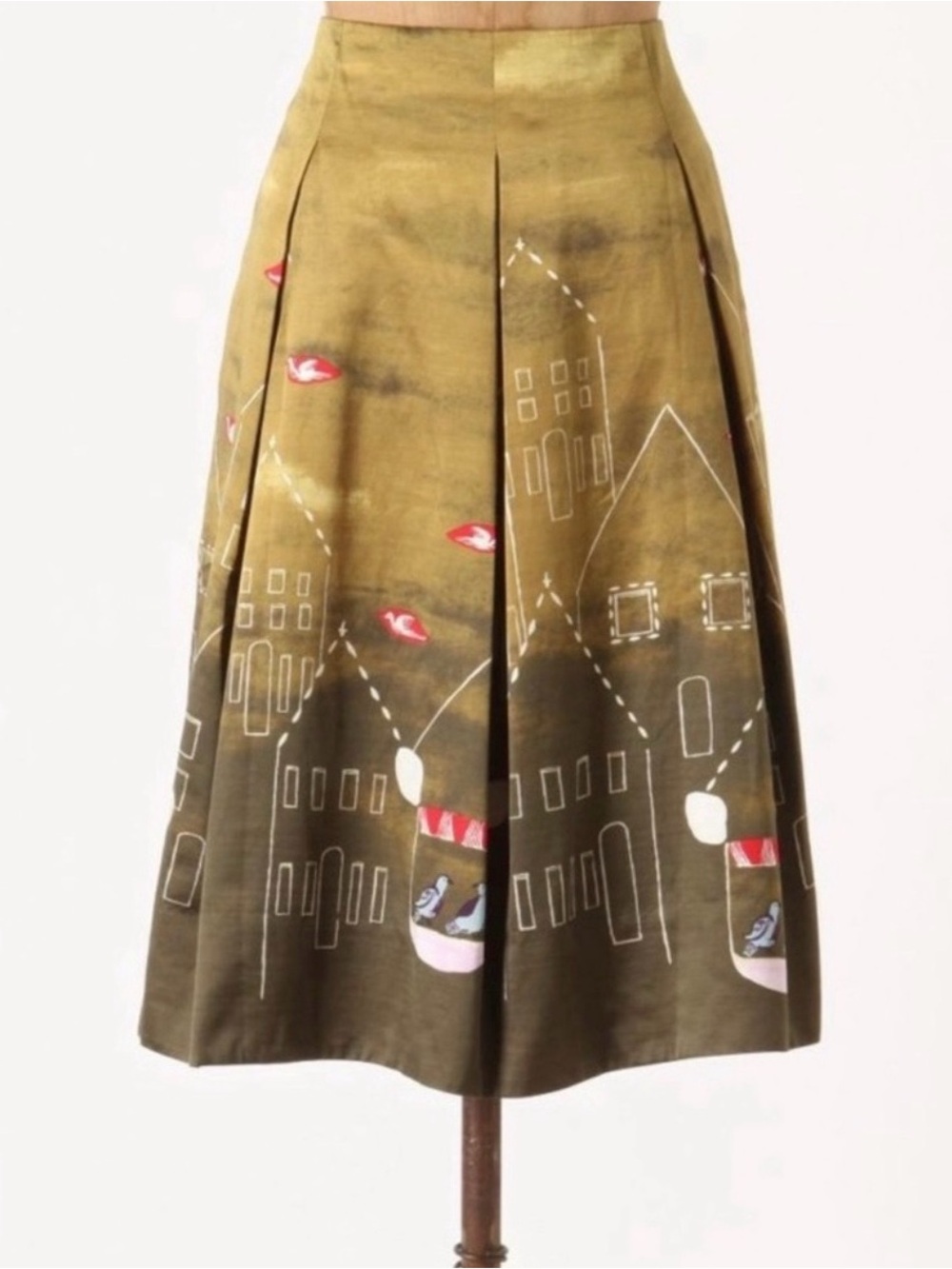 Anthropologie Maeve Feathered Village Birds Silk Blend Pleated Skirt Sz 8